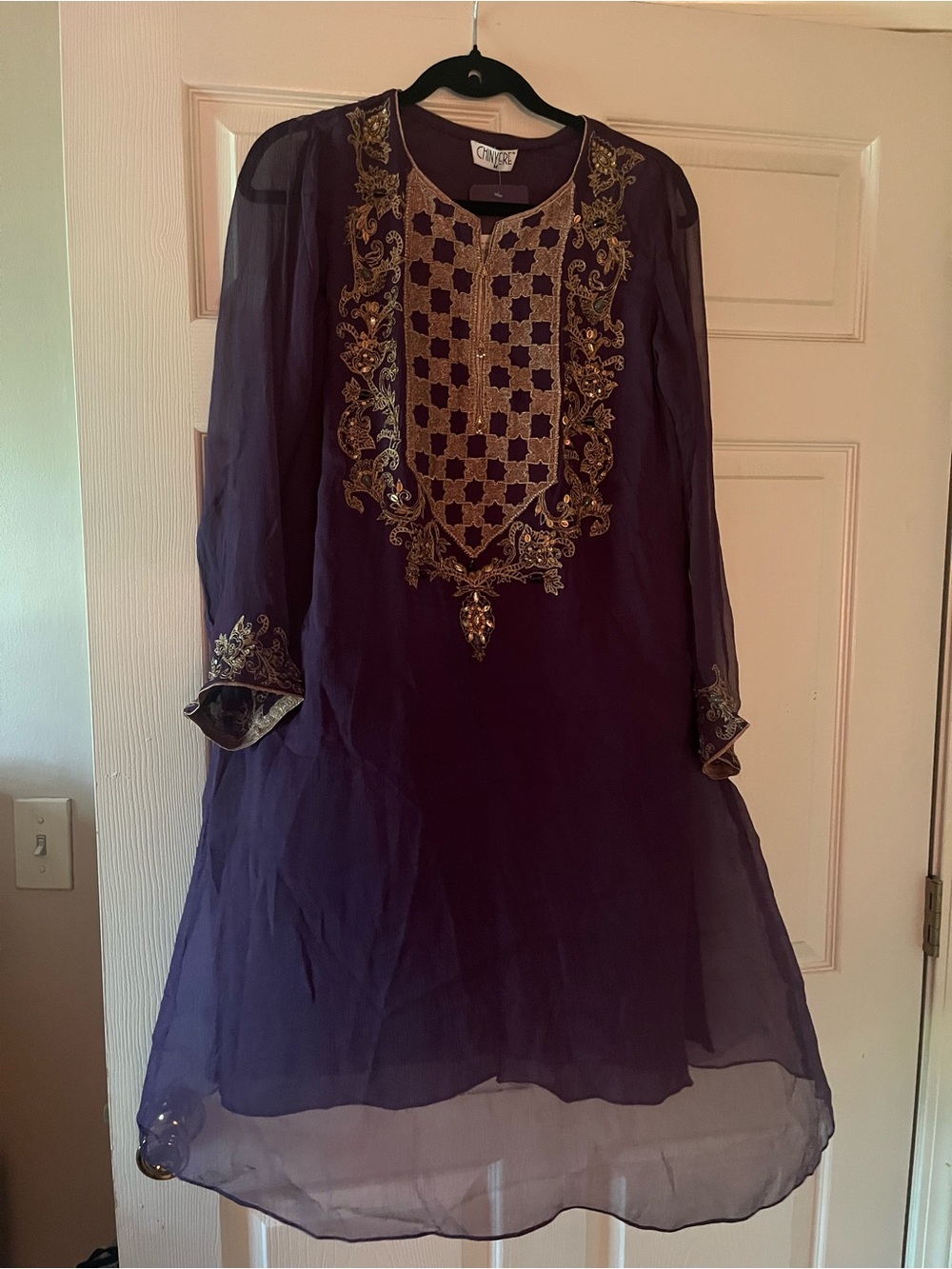 Vintage Purple Long Sleeve Embroidered Tunic/Kaftan Dress with Gold Accents